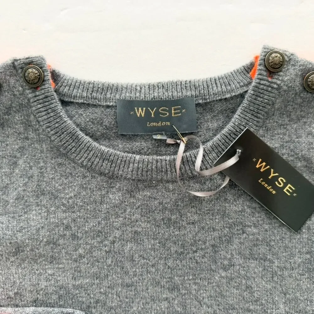 WYSE London Cashmere Grey Jumper Sweater NEW 2/Small Orange Elbow Patch